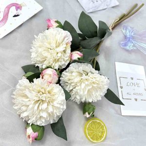 fleurs artificielle Branche Pivoine à Neuf têtes Blanc décoration florale Hauteur 50cm 3pcs