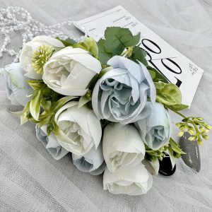 fleurs artificielle Branche Pivoines à dix têtes, blanches et bleues décoration florale Hauteur 27cm 6pcs